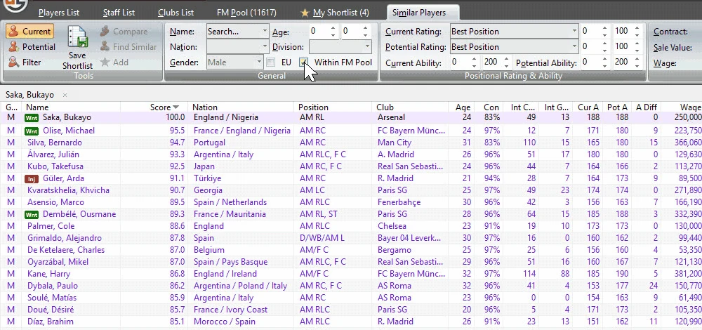 A Similar Players tab for Bukayo Saka with Within FM Pool ticked: the candidates are limited to FM Pool, in purple, with Saka pinned above them as the reference.